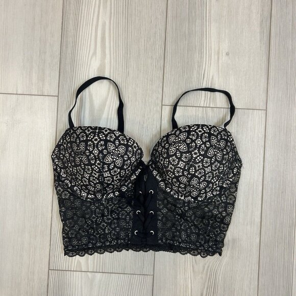 Victoria’s Secret Corset Womens Size 34D Black Lace Top Tie Front Back Zip - Picture 1 of 9